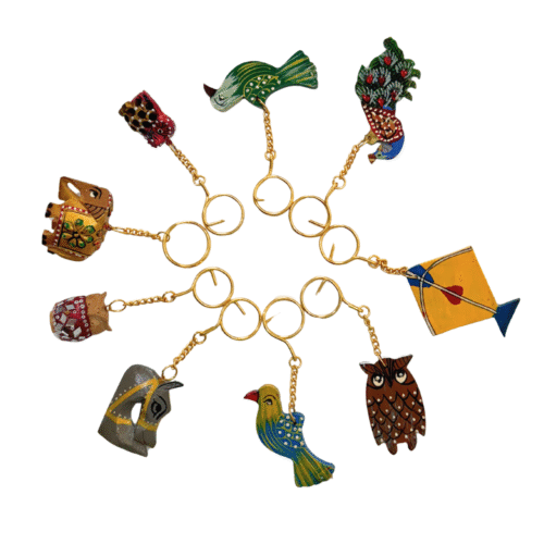 Hand-Carved Wooden Animal Keychains Set | Elephant Owl Bird Kite Folk Art | Traditional Hand-Painted Key Ring Collection