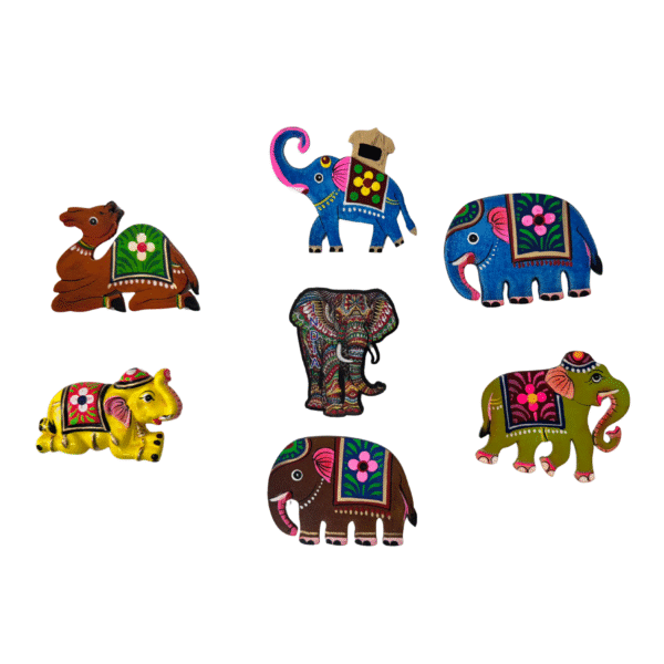 Unique Fridge magnets | Hand-Painted Wooden Animal Fridge Magnets Set | Traditional Indian Folk Art Elephant Camel Kitchen Decor | Colorful Refrigerator Decoration Gift